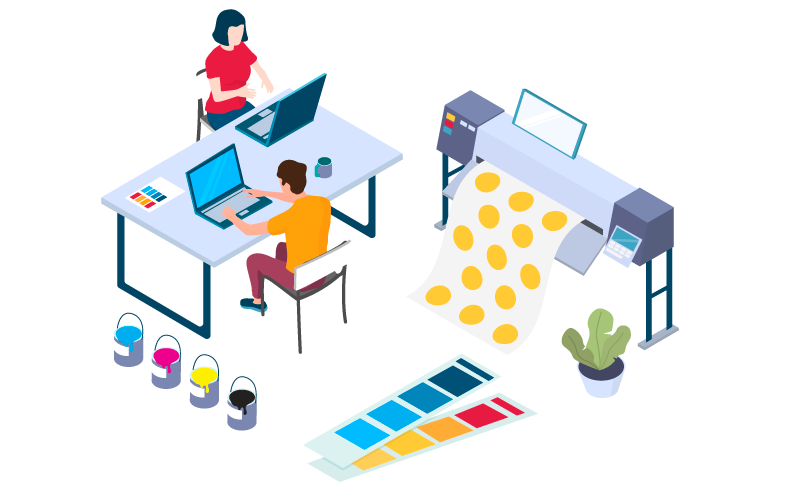 Illustration vectorielle travail d'équipe dans un bureau d'imprimeur